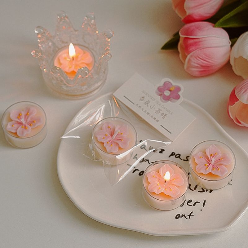 1pc Handmade Floral Soy Wax Candle - Mini Tea Light with Pink & White Flower Design, 4-8 Hour Burn Time, Glass Container, Perfect for Home Decor, Gifts, And Creative Ornaments, Candles Decorative