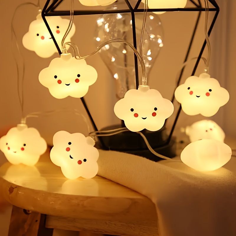1 set of cloud shaped LED string lights with a smile, made of plastic material and powered by batteries (excluding batteries), requiring 2 AA batteries. Suitable for hanging decorations for birthday c