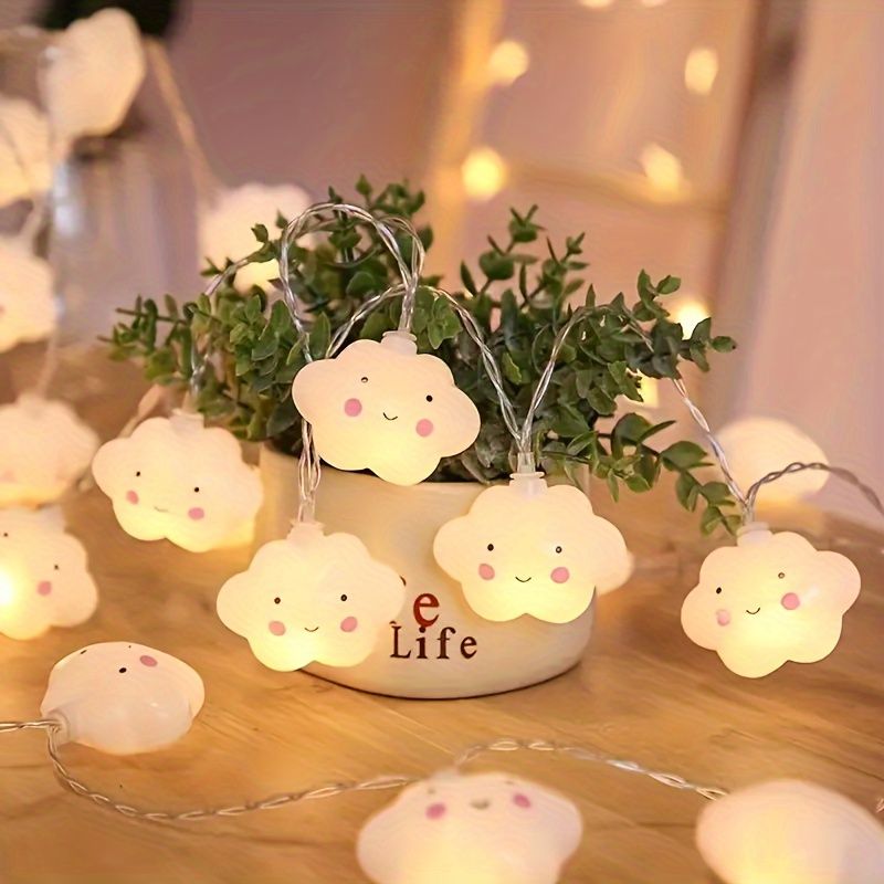 1 set of cloud shaped LED string lights with a smile, made of plastic material and powered by batteries (excluding batteries), requiring 2 AA batteries. Suitable for hanging decorations for birthday c