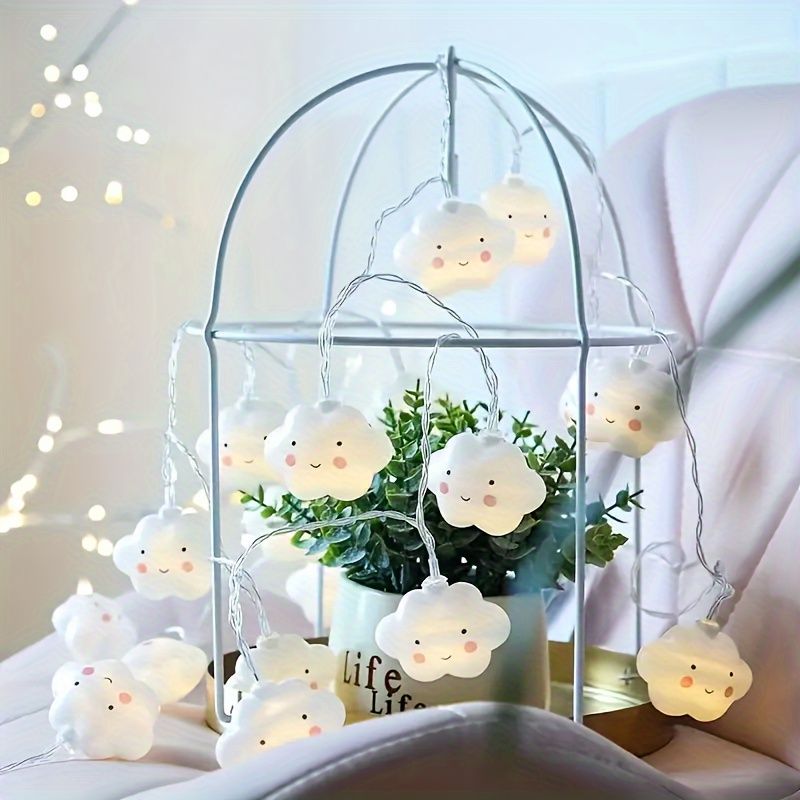1 set of cloud shaped LED string lights with a smile, made of plastic material and powered by batteries (excluding batteries), requiring 2 AA batteries. Suitable for hanging decorations for birthday c