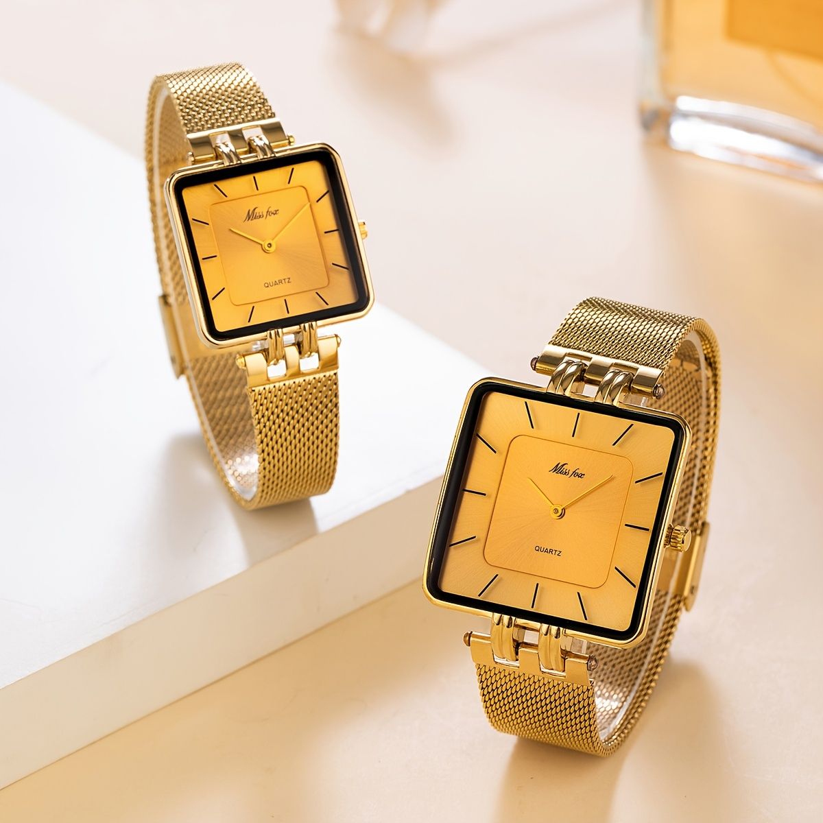 Fashionable Square Quartz Watches for Men & Women, Luxury Stainless Steel Mesh Band, Water-Resistant, Battery Powered, Non-Precious Alloy Case, Regular Cleaning, Ideal for Valentine's, Ramadan