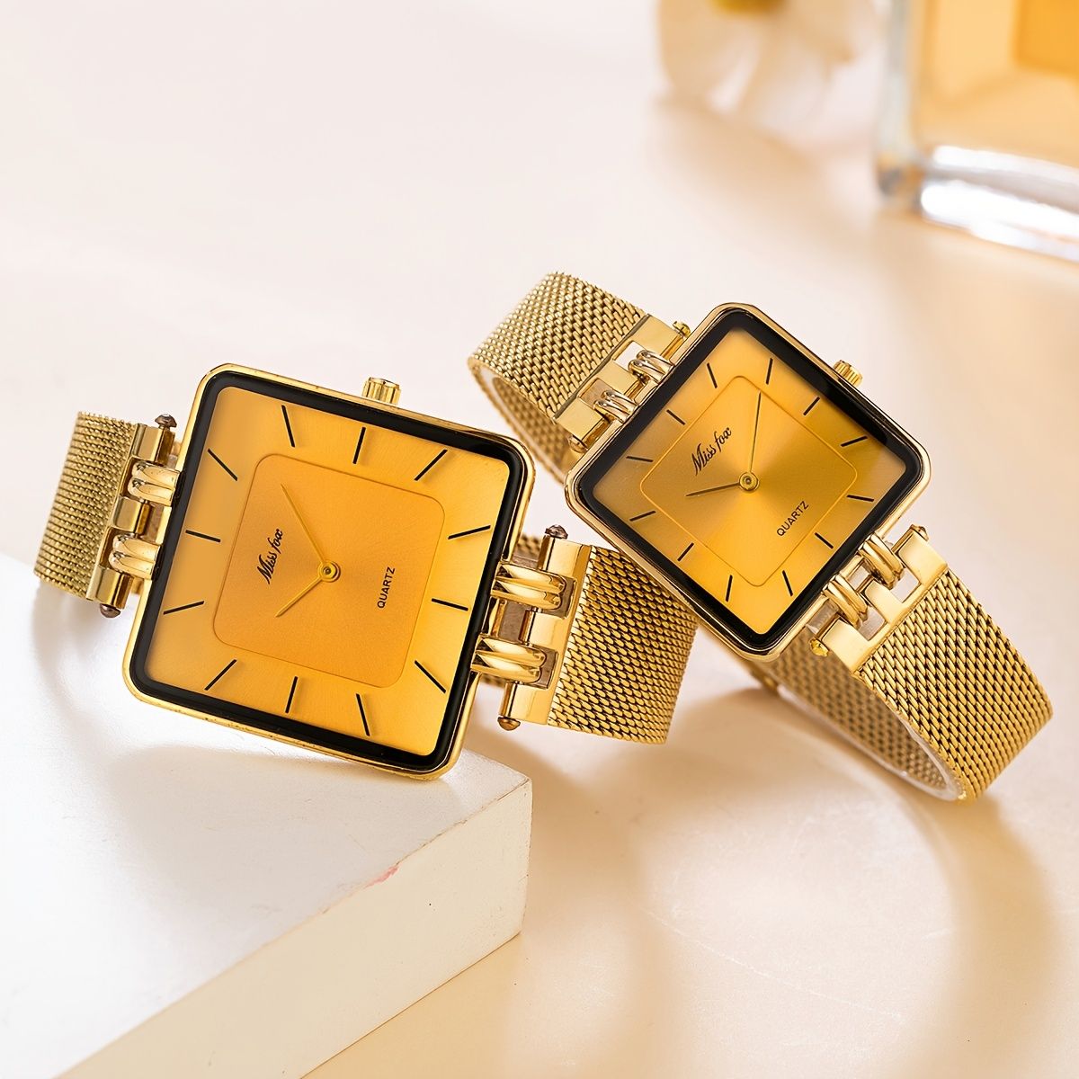 Fashionable Square Quartz Watches for Men & Women, Luxury Stainless Steel Mesh Band, Water-Resistant, Battery Powered, Non-Precious Alloy Case, Regular Cleaning, Ideal for Valentine's, Ramadan