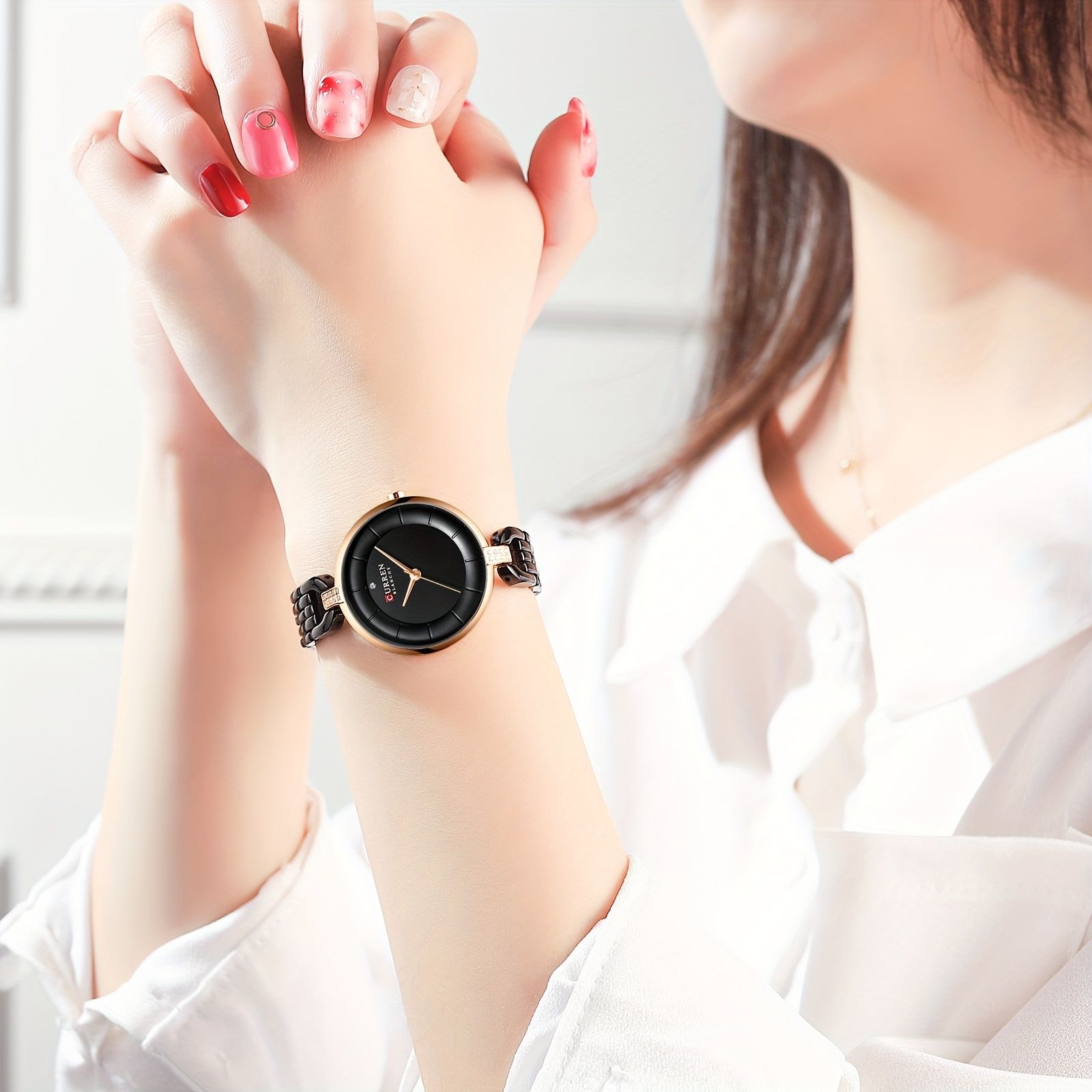 Curren Women's Elegant Rose Golden-Tone Watch - Quartz Movement Wristwatch with Minimalist White Dial, Golden Hands, IPX8 Case & Bracelet-like, Analog/Digital-Free Operation for Casual & Formal Wear (