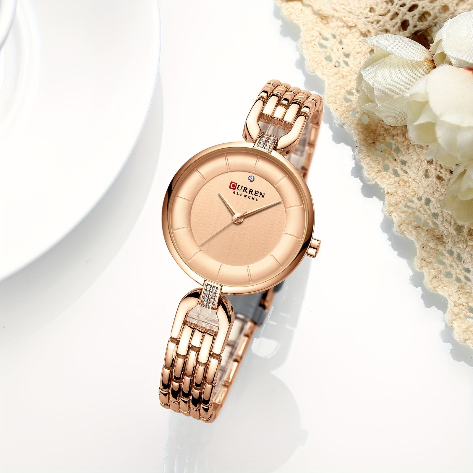 Curren Women's Elegant Rose Golden-Tone Watch - Quartz Movement Wristwatch with Minimalist White Dial, Golden Hands, IPX8 Case & Bracelet-like, Analog/Digital-Free Operation for Casual & Formal Wear (