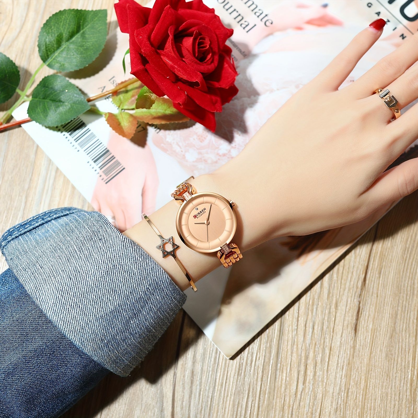 Curren Women's Elegant Rose Golden-Tone Watch - Quartz Movement Wristwatch with Minimalist White Dial, Golden Hands, IPX8 Case & Bracelet-like, Analog/Digital-Free Operation for Casual & Formal Wear (