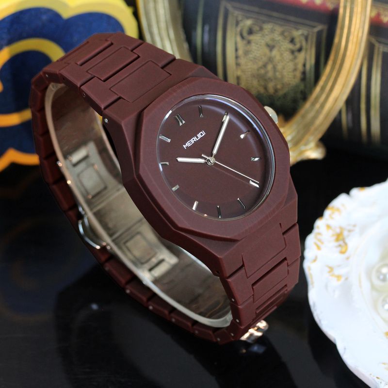 1pc Men's Brown Multi-Polygonal Watch with Square Bezel Lock, Quartz Movement, Analog/Digital-Like Display (No Hands), Strap - Minimalist /Swimmer Watch for Casual