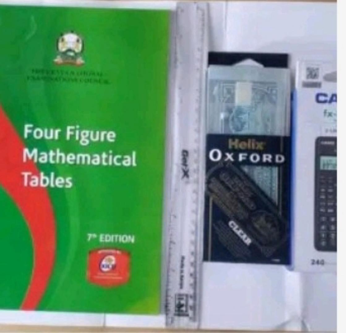 Exam stationeries;KNEC and JSS:  FX-82MS Scientific Calculator,,Clear Helix Oxford Mathematical Set,,Log table 7th edition + Free 30 cm ruler