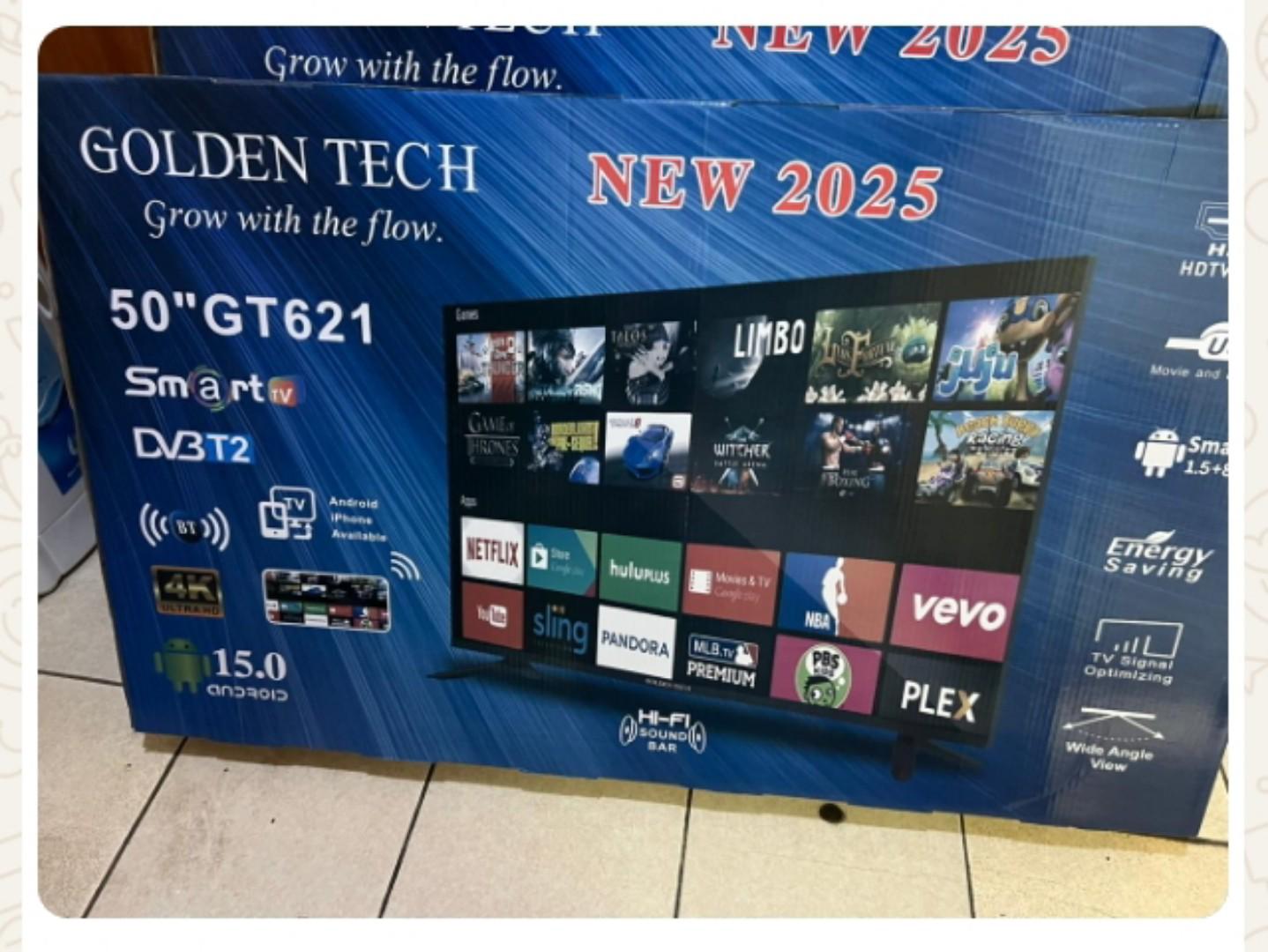 Golden Tech 50-inch Smart TV frameless LED display, 4K Ultra HD resolution, and built-in Wi-Fi