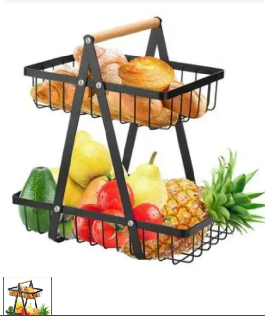 🍒🍌Nordic Fruit Rack, Upgraded Large 2 Tier Fruit Basket For Kitchen Countertop Organizer, Portable Metal Wire Fruit Bowl Vegetable Storage Basket Tiered Fruit Stand Holder With Wooden Handle.🍌