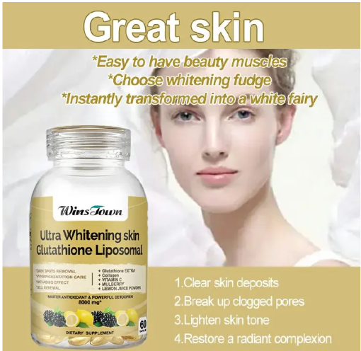 Winstown Ultra Skin Whitening Glutathione Liposomal Softgels (8000 mg) Brightens complexion, fades dark spots, supports anti‑aging, and improves skin texture via advanced liposomal glutathione