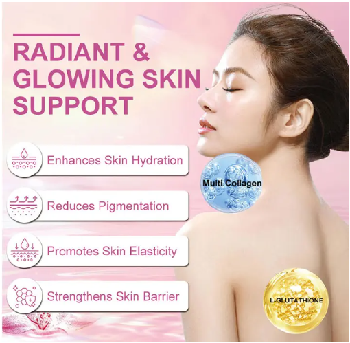 Gluta Glow Sparkle Powder Enhances skin radiance, supports collagen production, and promotes a youthful glow with antioxidants