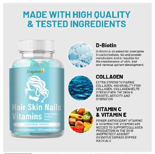 Hair, Skin, and Nails Vitamin Gummies enhance the health of hair, skin, and nails.