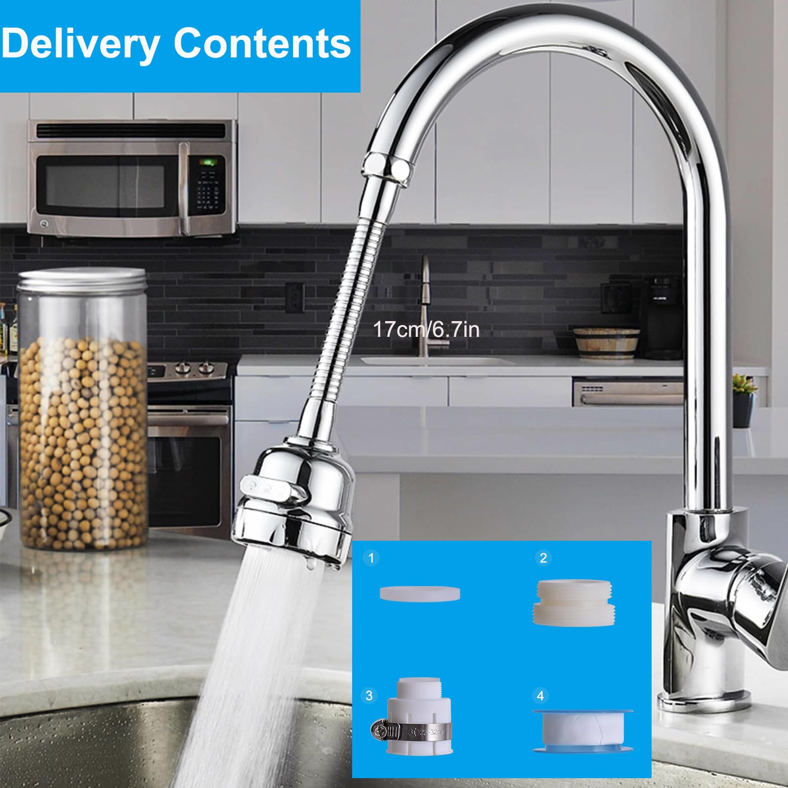 Kitchen faucet sprayer accessories, removable faucet extender, with 3 spray modes, 360° rotatable sink faucet head, splash-proof faucet booster shower and water-saving faucet suitable for kitchen