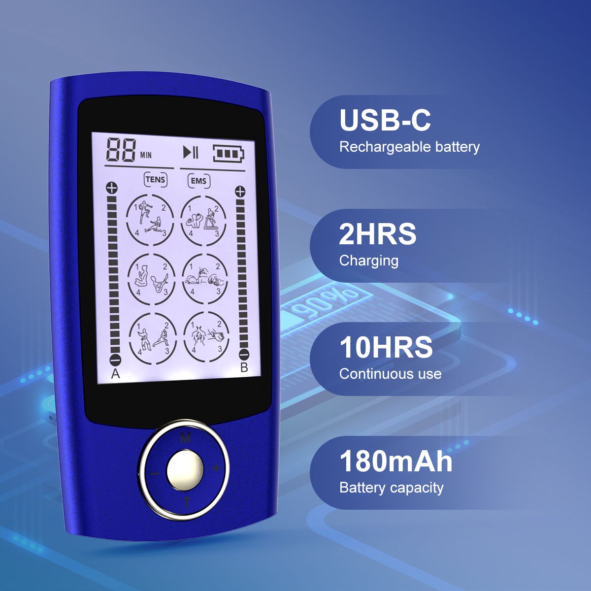 TENS & PMS 24 modes of muscle stimulator, used for pain relief treatment, electronic pulse massager, muscle massager, with 16 pads, fasten cable ties