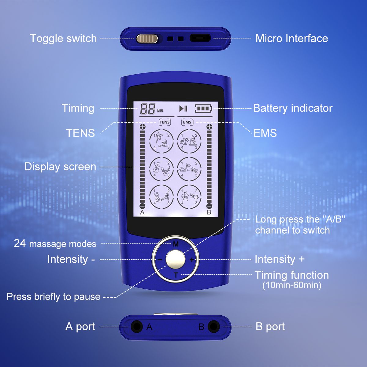 TENS & PMS 24 modes of muscle stimulator, used for pain relief treatment, electronic pulse massager, muscle massager, with 16 pads, fasten cable ties