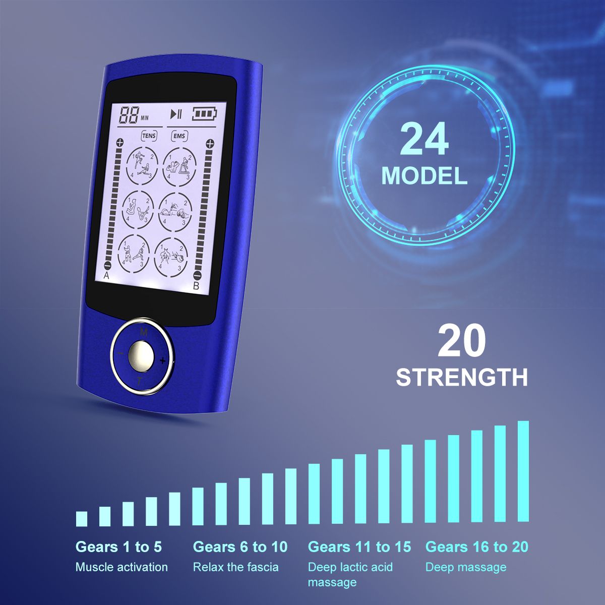 TENS & PMS 24 modes of muscle stimulator, used for pain relief treatment, electronic pulse massager, muscle massager, with 16 pads, fasten cable ties