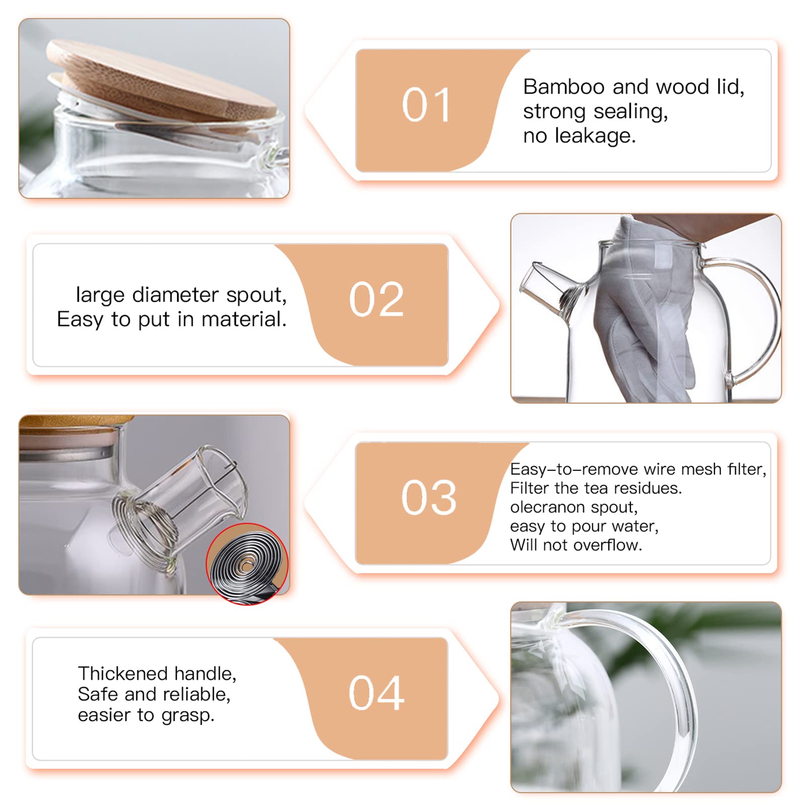 Glass Teapot 34oz/1000ml, Stovetop & Microwave Safe Borosilicate Tea Pot,Clear Teapot with Strainer, Glass Tea Kettle with Wooden Lid for Loose Leaf、Fruit Tea and Fragrant Tea