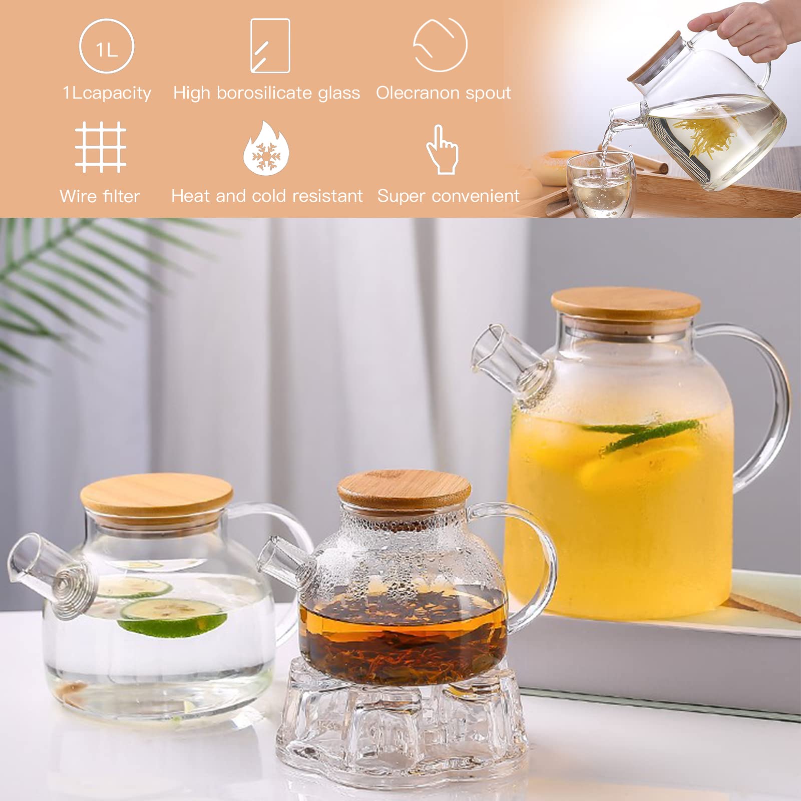 Glass Teapot 34oz/1000ml, Stovetop & Microwave Safe Borosilicate Tea Pot,Clear Teapot with Strainer, Glass Tea Kettle with Wooden Lid for Loose Leaf、Fruit Tea and Fragrant Tea