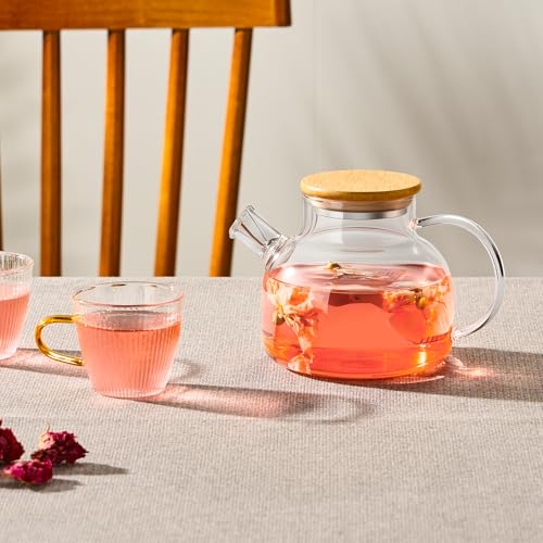 Glass Teapot 34oz/1000ml, Stovetop & Microwave Safe Borosilicate Tea Pot,Clear Teapot with Strainer, Glass Tea Kettle with Wooden Lid for Loose Leaf、Fruit Tea and Fragrant Tea