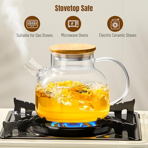Glass Teapot 34oz/1000ml, Stovetop & Microwave Safe Borosilicate Tea Pot,Clear Teapot with Strainer, Glass Tea Kettle with Wooden Lid for Loose Leaf、Fruit Tea and Fragrant Tea