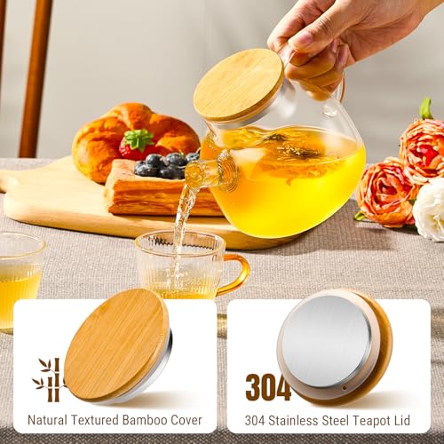 Glass Teapot 34oz/1000ml, Stovetop & Microwave Safe Borosilicate Tea Pot,Clear Teapot with Strainer, Glass Tea Kettle with Wooden Lid for Loose Leaf、Fruit Tea and Fragrant Tea