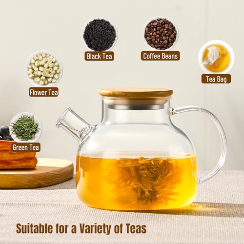 Glass Teapot 34oz/1000ml, Stovetop & Microwave Safe Borosilicate Tea Pot,Clear Teapot with Strainer, Glass Tea Kettle with Wooden Lid for Loose Leaf、Fruit Tea and Fragrant Tea