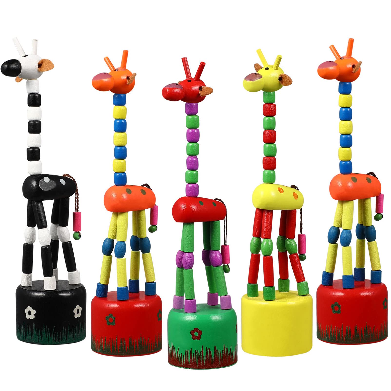 5Pcs Wooden Giraffe Figurine Toy, Finger Puppets Dancing Rocking Giraffe Finger Puppets Push Up Toys for Boys Kids Girls (Random Style)