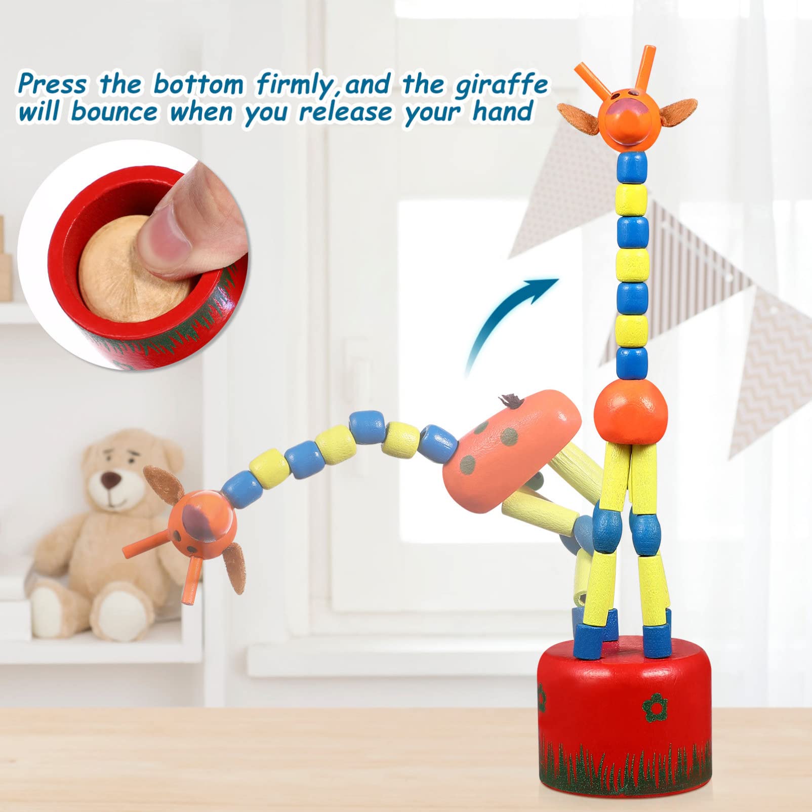 5Pcs Wooden Giraffe Figurine Toy, Finger Puppets Dancing Rocking Giraffe Finger Puppets Push Up Toys for Boys Kids Girls (Random Style)