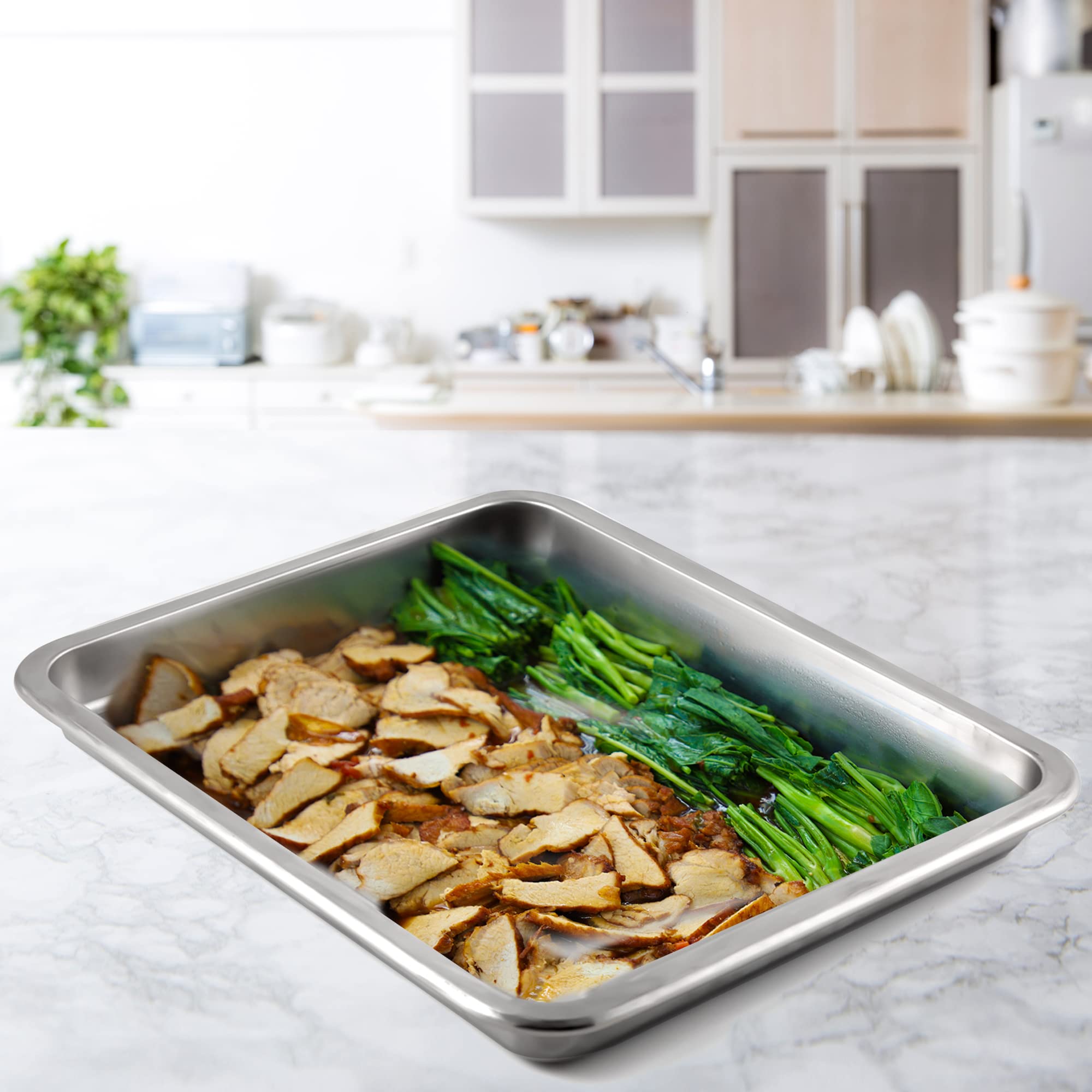 Large Stainless Steel Baking & Roasting Tray 36×27x4cm – Heavy Duty Oven, Stovetop & BBQ Pan for Meat, Fish & Vegetables, 2PCS Reusable Kitchen Bakeware