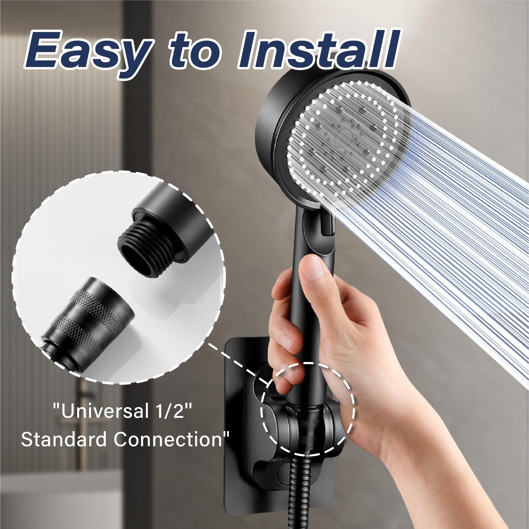5-Mode High Pressure ABS Handheld Shower Head, Lightweight & Durable, Anti-Clog Silicone Nozzles, Easy to Clean, Universal Connector, Black