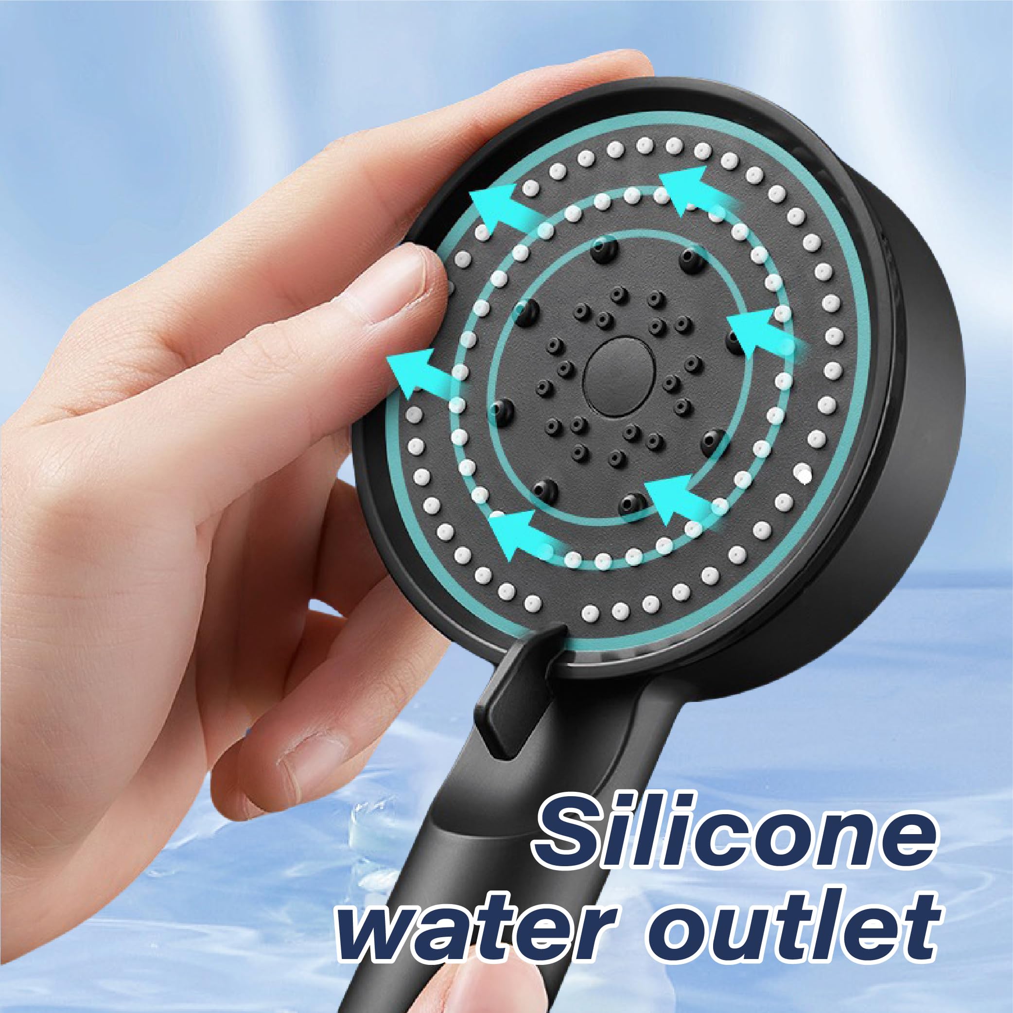 5-Mode High Pressure ABS Handheld Shower Head, Lightweight & Durable, Anti-Clog Silicone Nozzles, Easy to Clean, Universal Connector, Black
