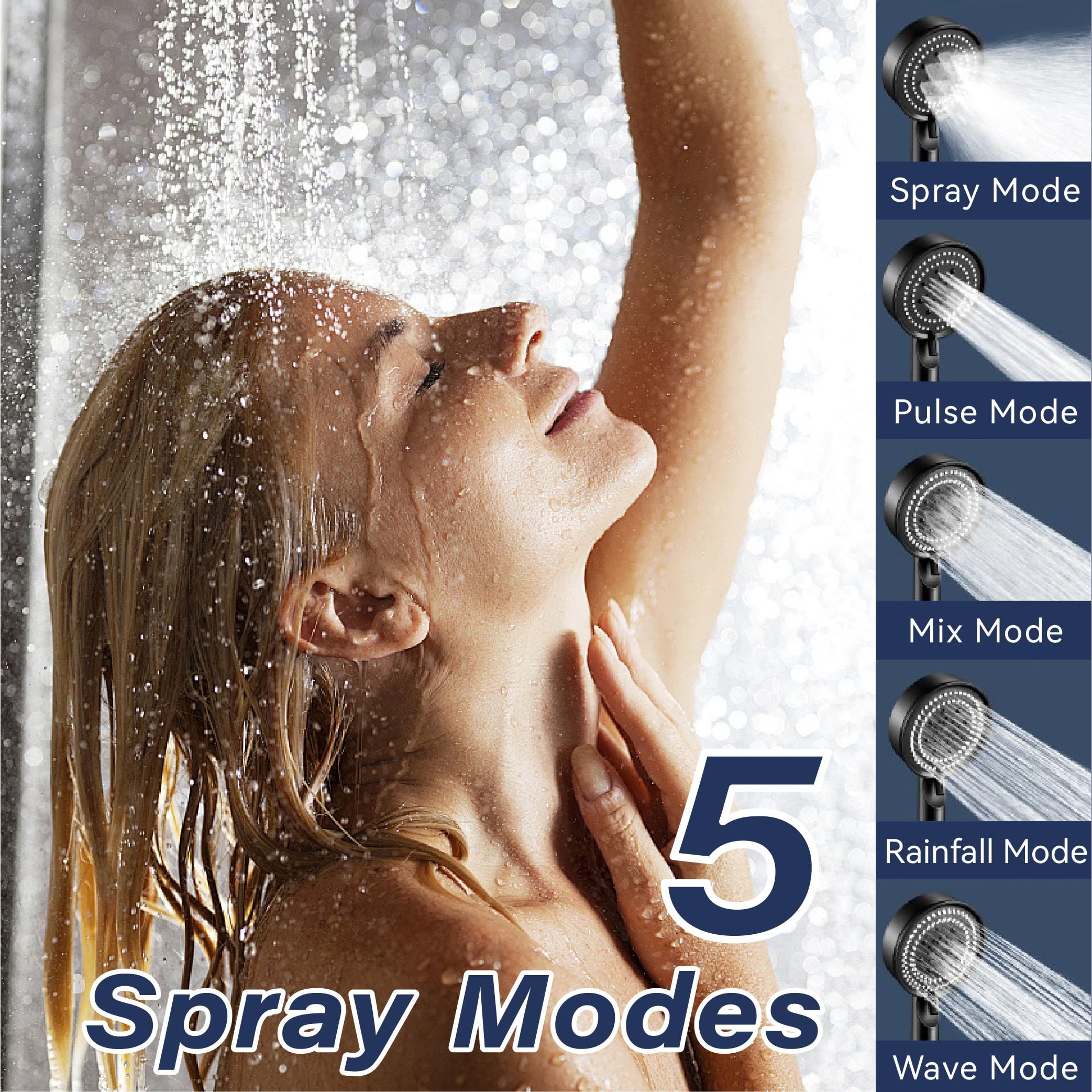 5-Mode High Pressure ABS Handheld Shower Head, Lightweight & Durable, Anti-Clog Silicone Nozzles, Easy to Clean, Universal Connector, Black