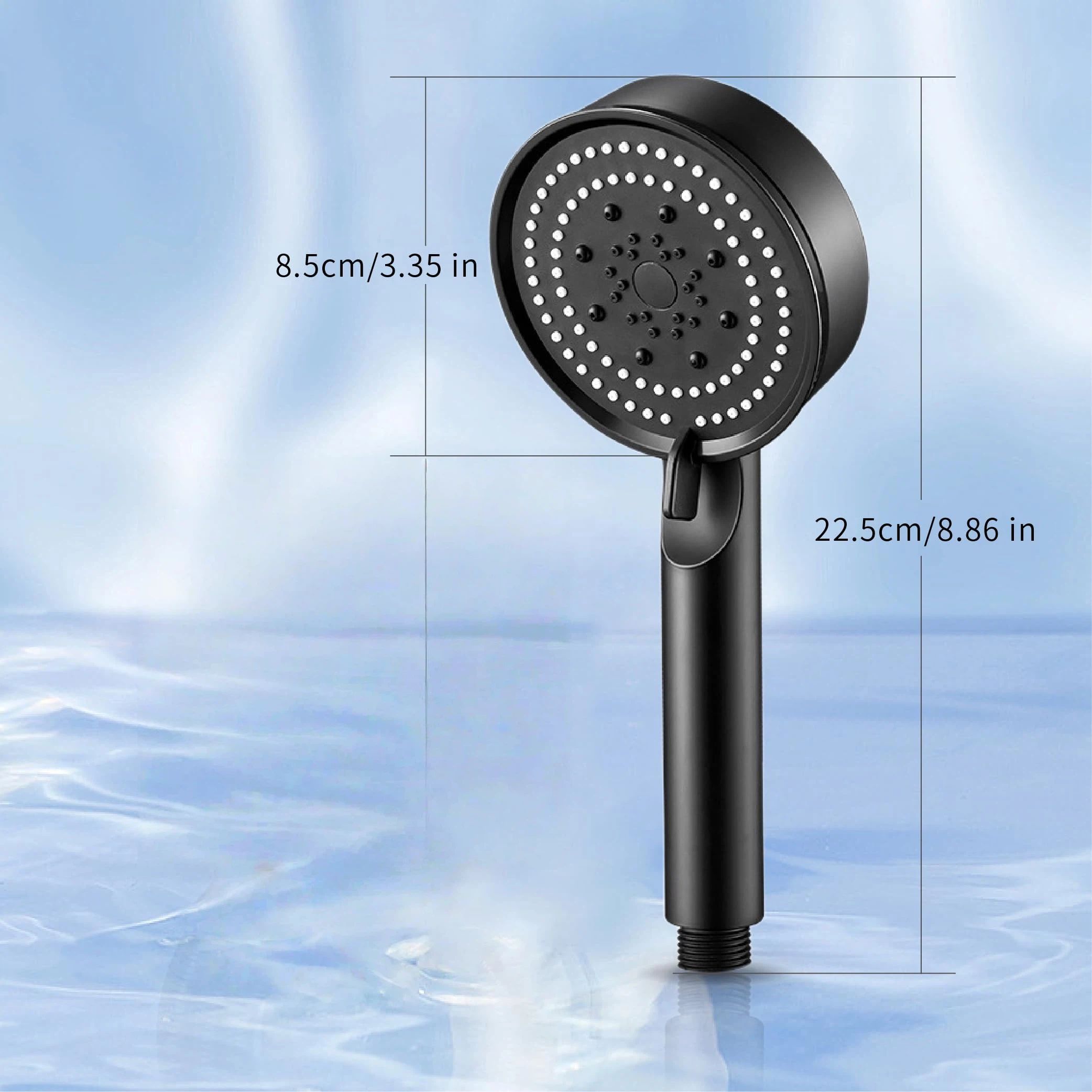 5-Mode High Pressure ABS Handheld Shower Head, Lightweight & Durable, Anti-Clog Silicone Nozzles, Easy to Clean, Universal Connector, Black