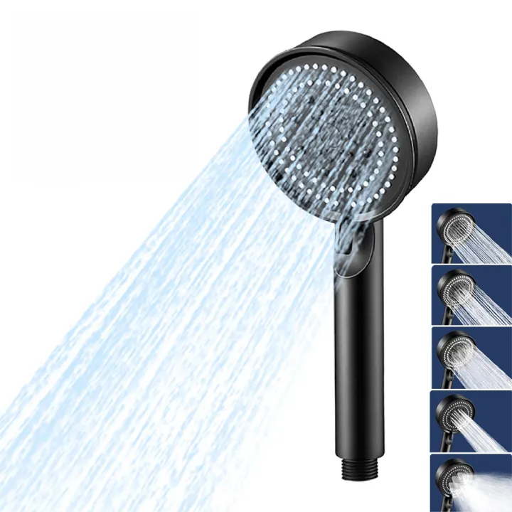 5-Mode High Pressure ABS Handheld Shower Head, Lightweight & Durable, Anti-Clog Silicone Nozzles, Easy to Clean, Universal Connector, Black