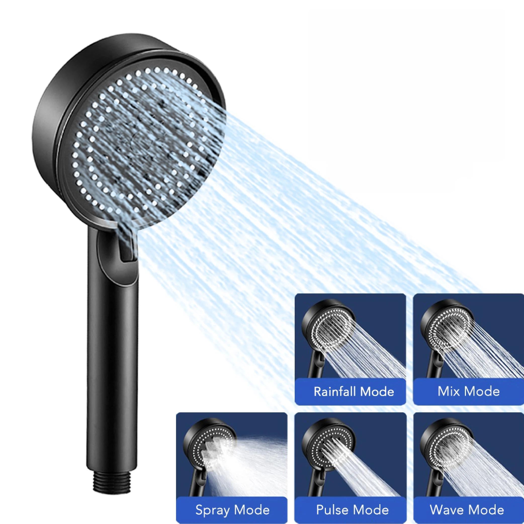 5-Mode High Pressure ABS Handheld Shower Head, Lightweight & Durable, Anti-Clog Silicone Nozzles, Easy to Clean, Universal Connector, Black