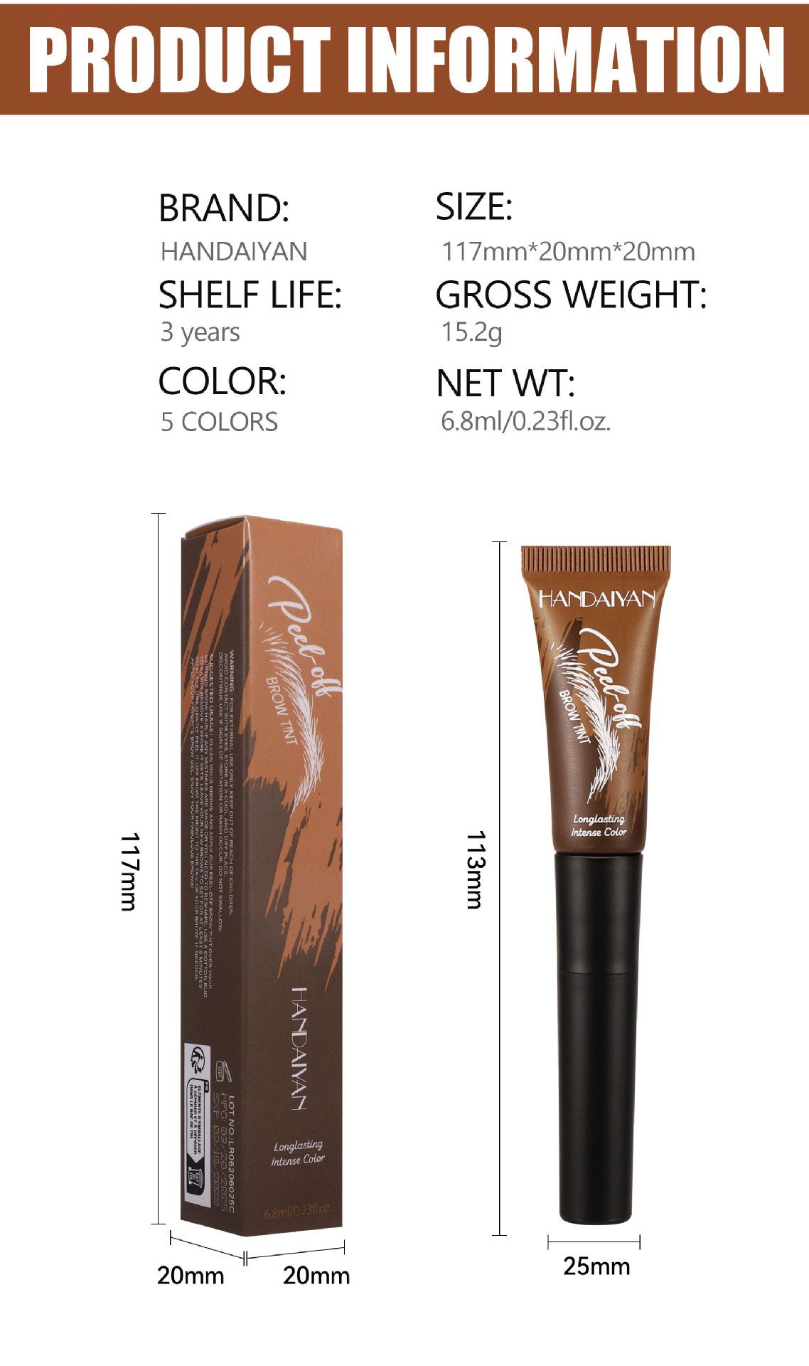Peel Off Waterproof Eyebrow Tint Gel, Long Lasting Semi-Permanent Brow Mascara for Natural Shaping and Coloring, Easy to Apply Soft Brow Cream, 5-Day Durable Brow Color, 1 Pc