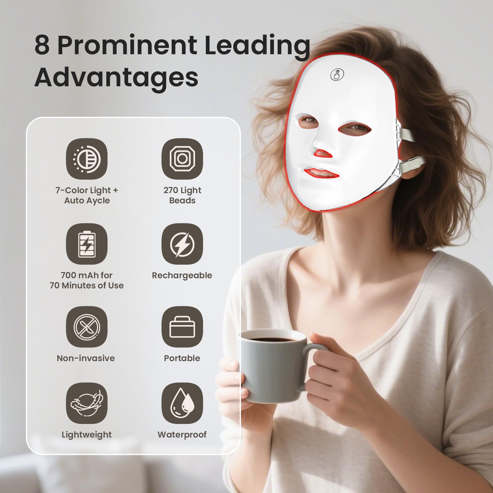 LED Face Mask Light Therapy Device 7 Color Touch Control Red Light Infrared Silicone Facial Mask Photon Skin Care for Acne Treatment Anti Aging Wrinkle Removal Skin Rejuvenation Home Use Beauty Machin