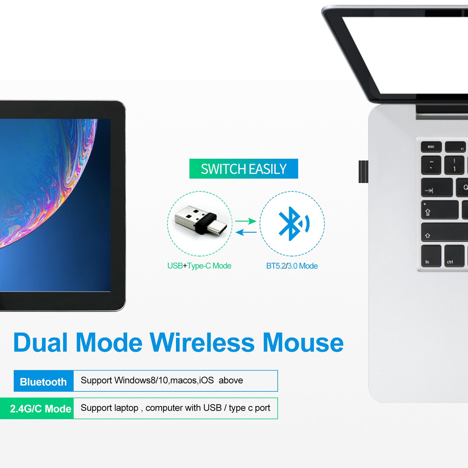 Rechargeable Wireless Bluetooth Mouse 4 Modes BT 3.0 / BT 5.2 + 2.4G USB Type C Silent Mouse for MacBook Air Pro Laptop iMac iPad Notebook PC