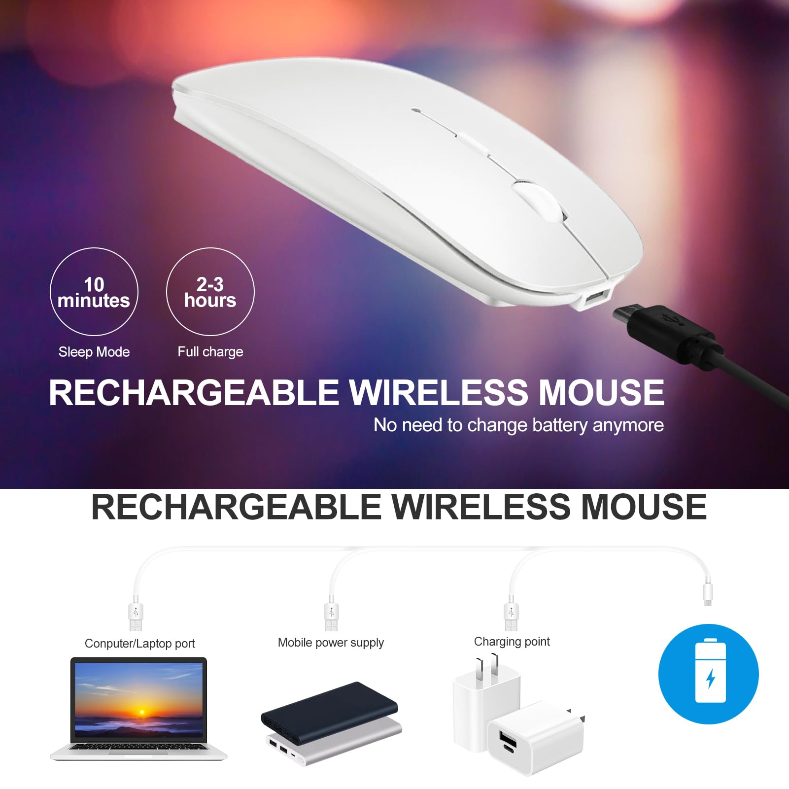 Rechargeable Wireless Bluetooth Mouse 4 Modes BT 3.0 / BT 5.2 + 2.4G USB Type C Silent Mouse for MacBook Air Pro Laptop iMac iPad Notebook PC