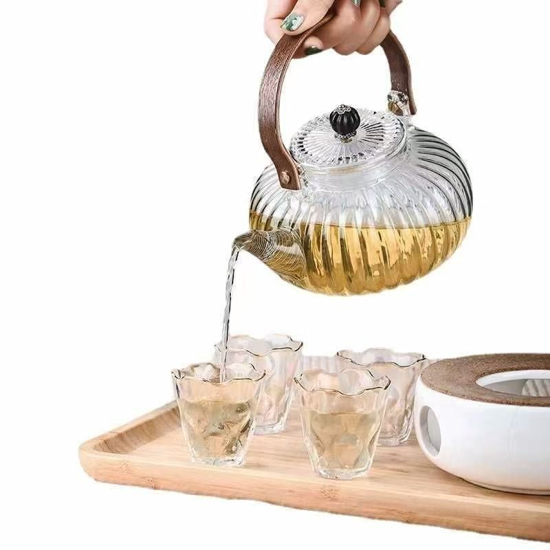 Glass Teapot 34oz/1000ml, Stovetop & Microwave Safe Borosilicate Tea Pot,Clear Teapot with Strainer, Glass Tea Kettle with Wooden Lid for Loose Leaf、Fruit Tea and Fragrant Tea