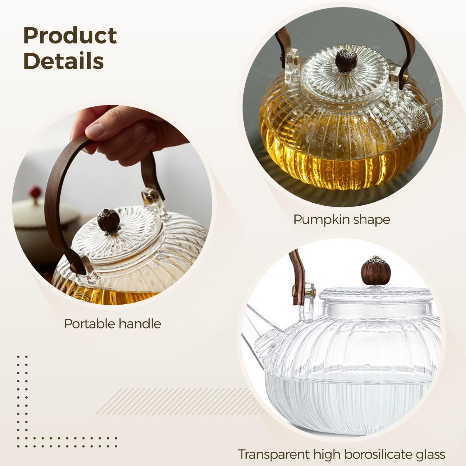 Glass Teapot 34oz/1000ml, Stovetop & Microwave Safe Borosilicate Tea Pot,Clear Teapot with Strainer, Glass Tea Kettle with Wooden Lid for Loose Leaf、Fruit Tea and Fragrant Tea