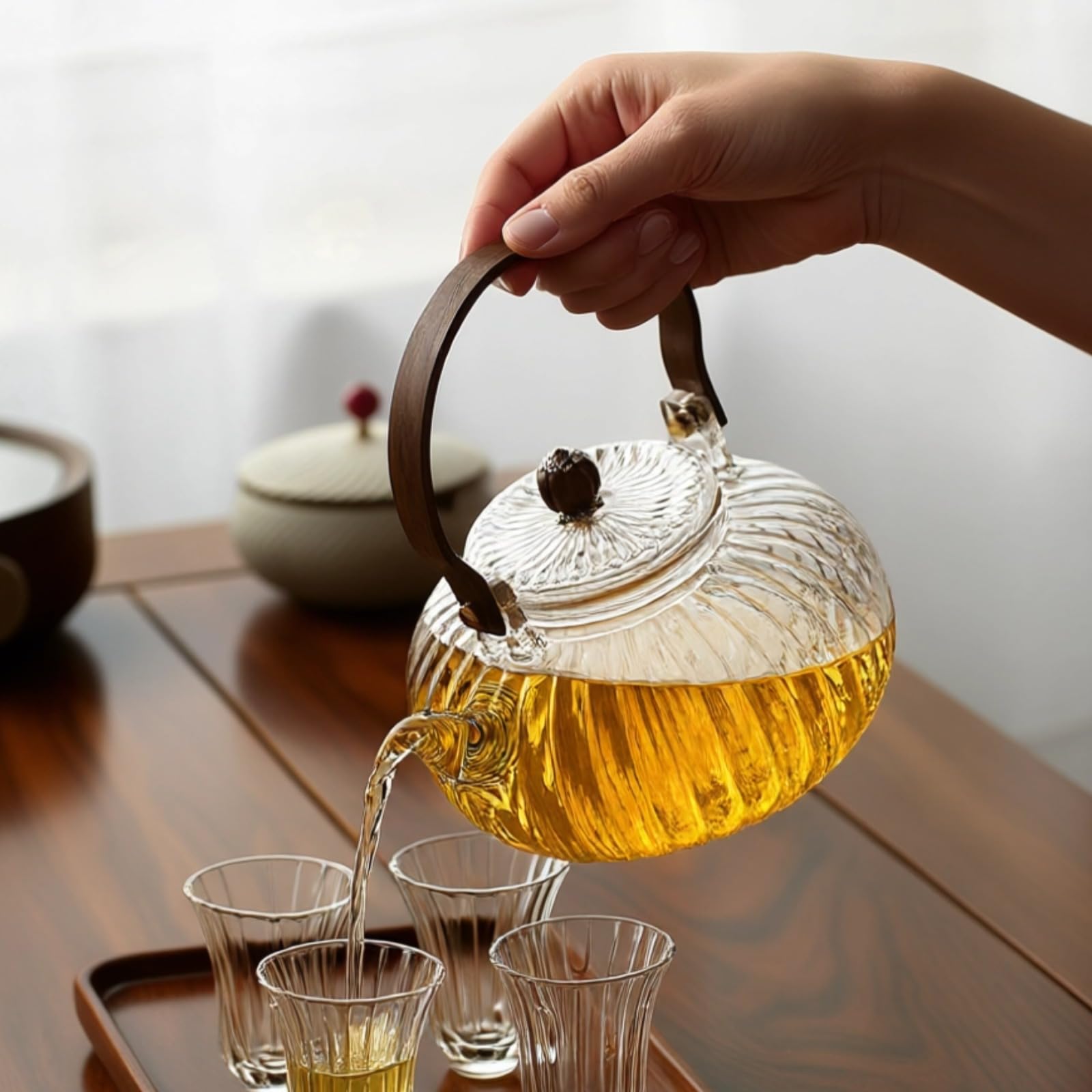 Glass Teapot 34oz/1000ml, Stovetop & Microwave Safe Borosilicate Tea Pot,Clear Teapot with Strainer, Glass Tea Kettle with Wooden Lid for Loose Leaf、Fruit Tea and Fragrant Tea