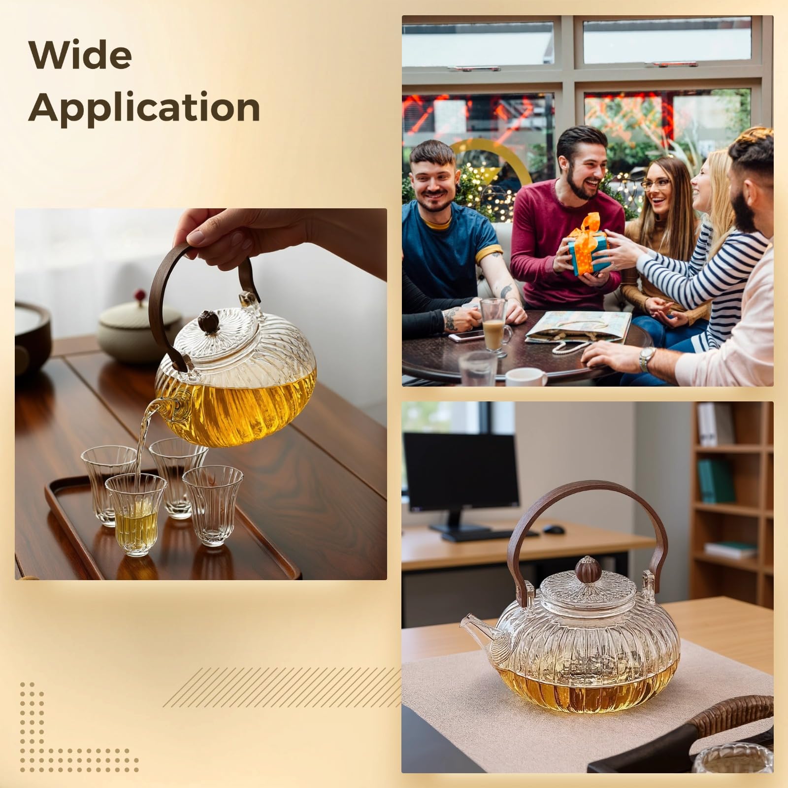 Glass Teapot 34oz/1000ml, Stovetop & Microwave Safe Borosilicate Tea Pot,Clear Teapot with Strainer, Glass Tea Kettle with Wooden Lid for Loose Leaf、Fruit Tea and Fragrant Tea