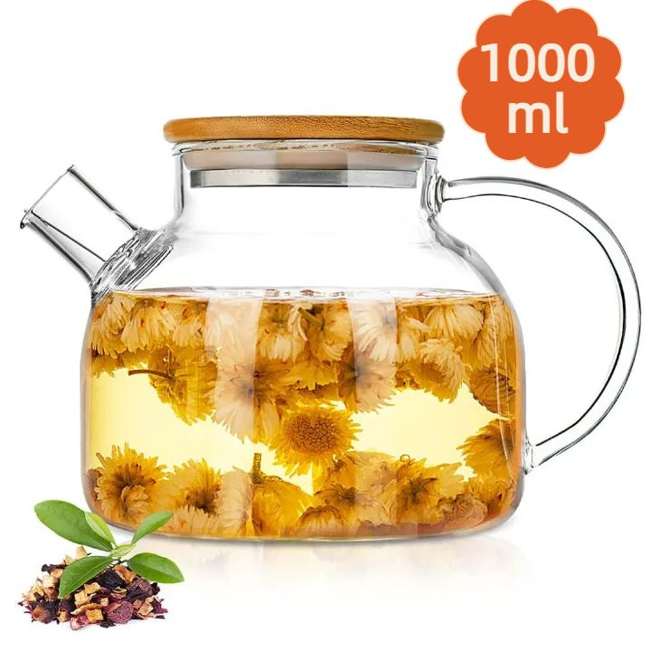Glass Teapot 34oz/1000ml, Stovetop & Microwave Safe Borosilicate Tea Pot,Clear Teapot with Strainer, Glass Tea Kettle with Wooden Lid for Loose Leaf、Fruit Tea and Fragrant Tea