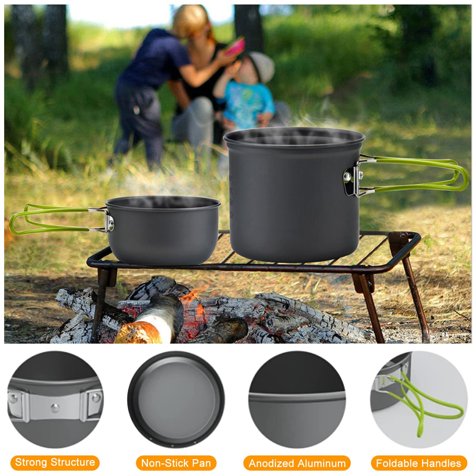 Camping Cookware Mess Kit 7PCS Set, Backpacking Cooking Pots and Pans, Non Stick Outdoor Camp Kitchen Equipment for Camping, Hiking, Picnic, BBQ, Travel, Green