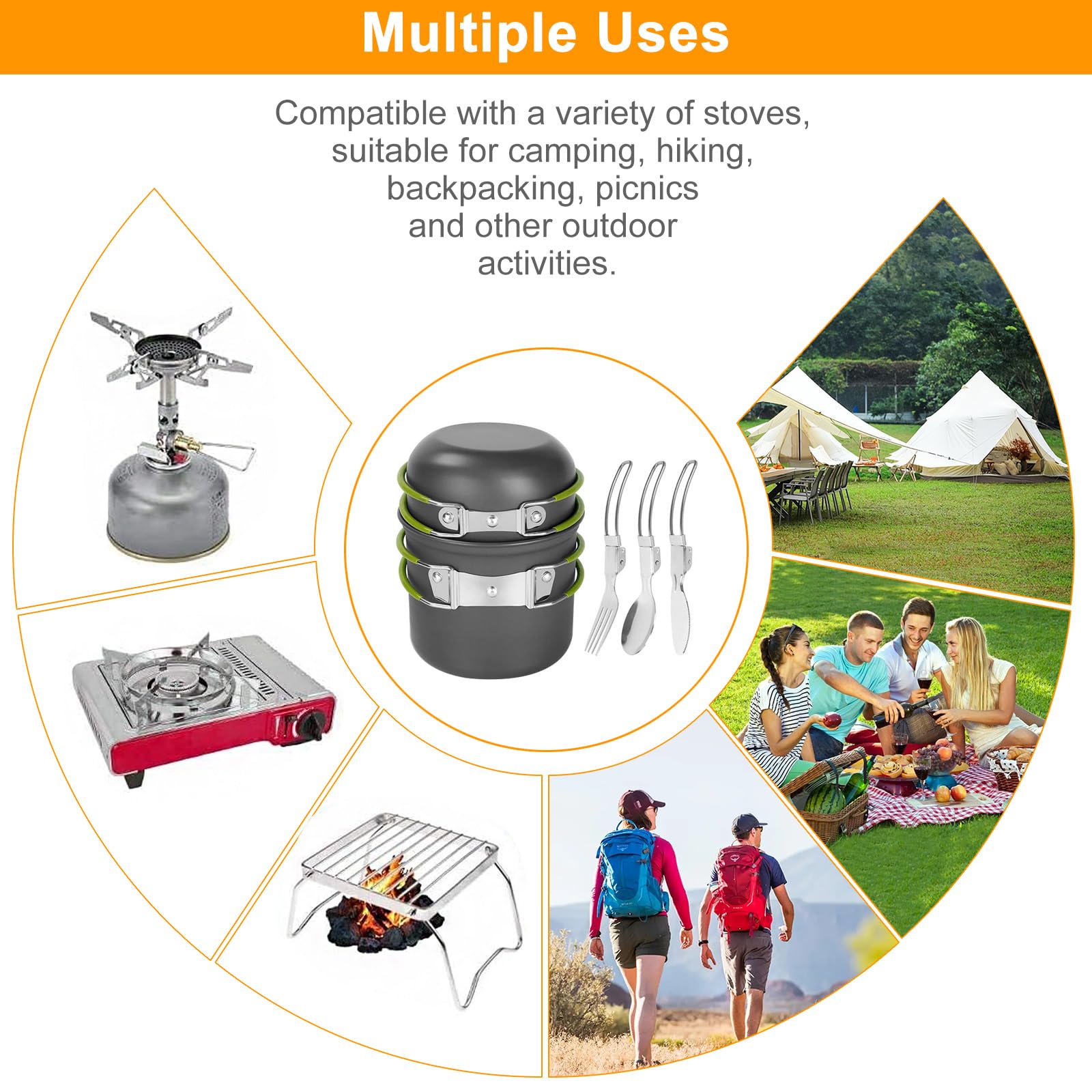 Camping Cookware Mess Kit 7PCS Set, Backpacking Cooking Pots and Pans, Non Stick Outdoor Camp Kitchen Equipment for Camping, Hiking, Picnic, BBQ, Travel, Green