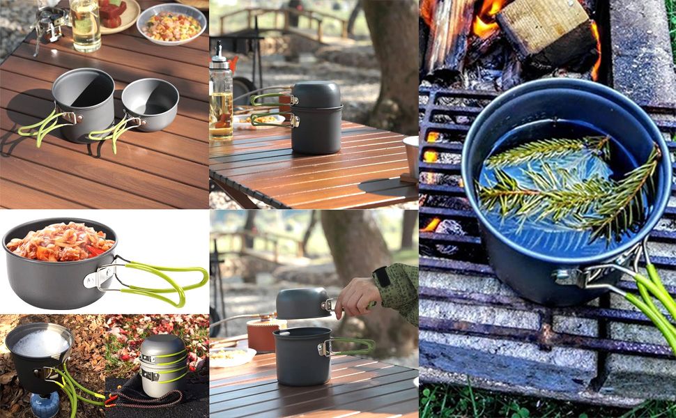 Camping Cookware Mess Kit 7PCS Set, Backpacking Cooking Pots and Pans, Non Stick Outdoor Camp Kitchen Equipment for Camping, Hiking, Picnic, BBQ, Travel, Green