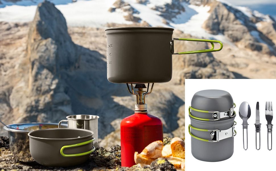 Camping Cookware Mess Kit 7PCS Set, Backpacking Cooking Pots and Pans, Non Stick Outdoor Camp Kitchen Equipment for Camping, Hiking, Picnic, BBQ, Travel, Green