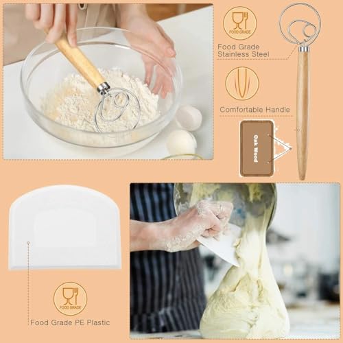 Bread Baking Tools Set 3PCS for Home Use – Dough Scoring Knife, White Dough Scraper, Double Loop Whisk for Flour Mixing, Bread Making and Baking Accessories