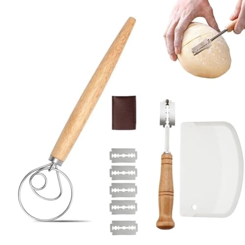 Bread Baking Tools Set 3PCS for Home Use – Dough Scoring Knife, White Dough Scraper, Double Loop Whisk for Flour Mixing, Bread Making and Baking Accessories